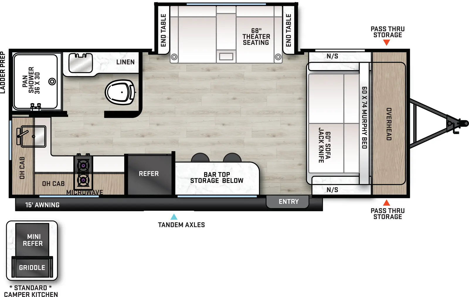 The 18RBS has one slideout and one entry. Exterior features front pass-thru storage, tandem axles, 15 foot awning, standard camper kitchen with refrigerator and griddle, and rear ladder prep. Interior layout front to back: jackknife sofa/murphy bed with cabinets overhead and night stands on each side; off-door side slideout with theater seating and end tables on each side; door side entry, bar top with storage below, and refrigerator; rear off-door side full bathroom with linen closet; rear door side kitchen with cooktop, sink, overhead cabinet and microwave.